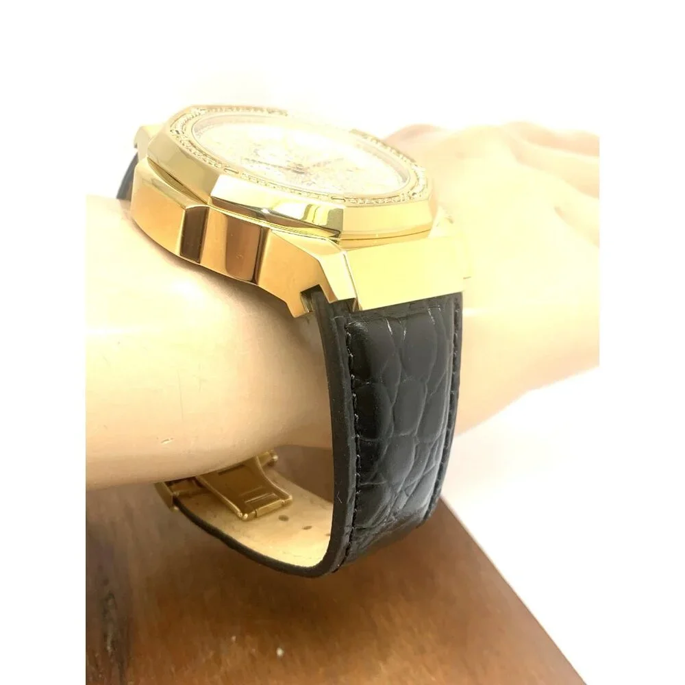 JBW Men's Watch JB-6101L-10A Saxon Diamond Quartz Gold Black Leather Band 48mm